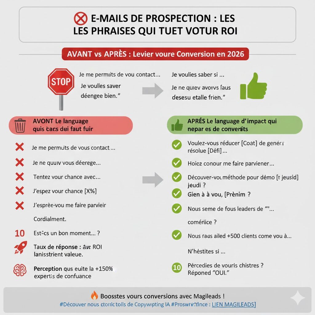 infographie est : « E-mails de Prospection : Les phrases qui tuent votre ROI (Avant vs Après