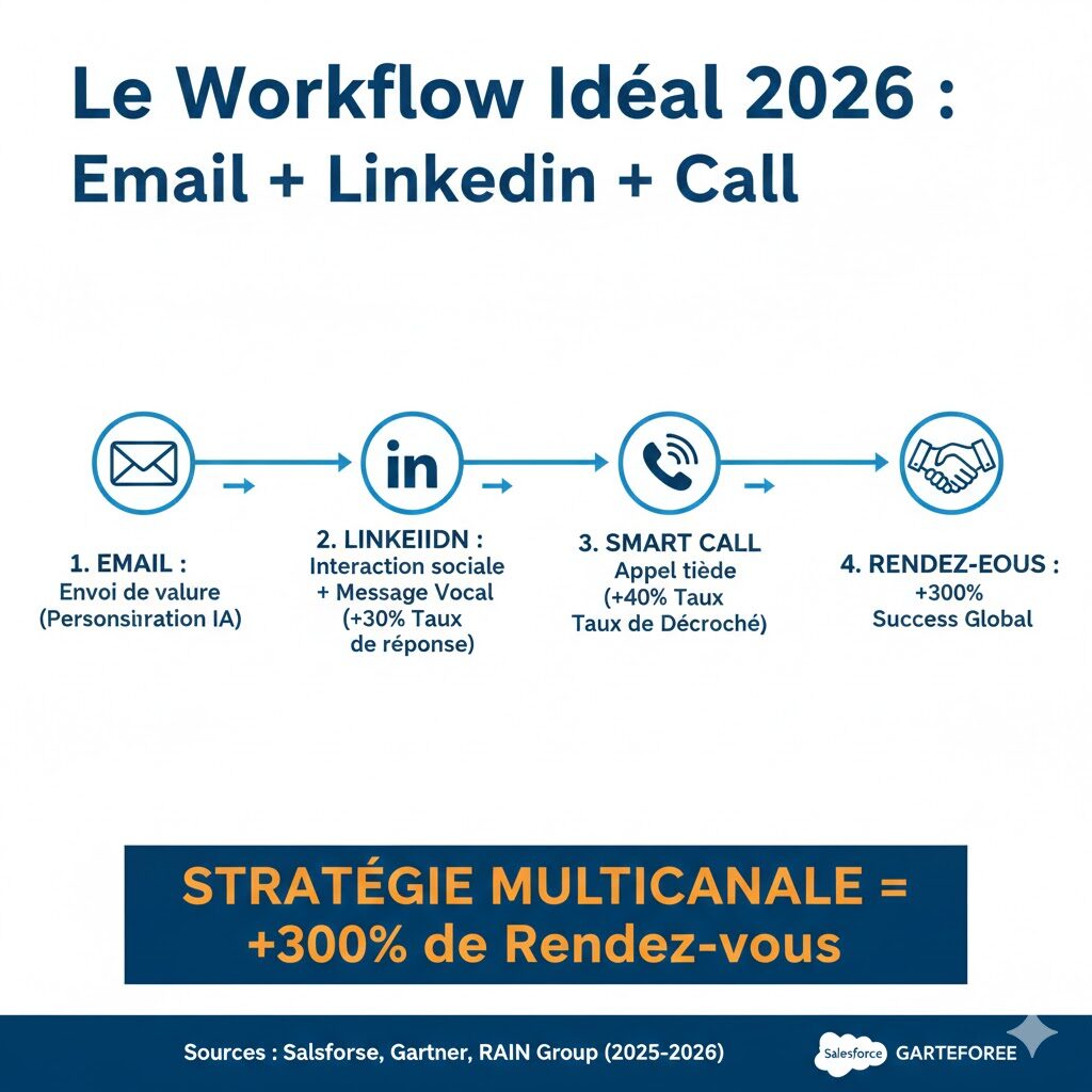 infographie : Le Workflow Idéal 2026 : Email + LinkedIn + Cold Call
