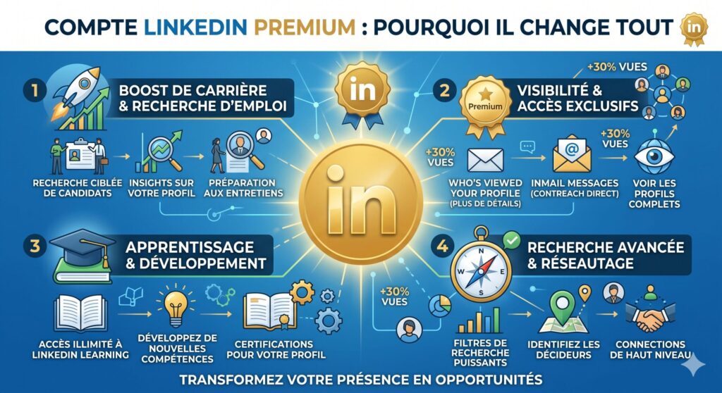 Infographie des avantages de LinkedIn Premium pour booster votre carrière.- Magileads.com